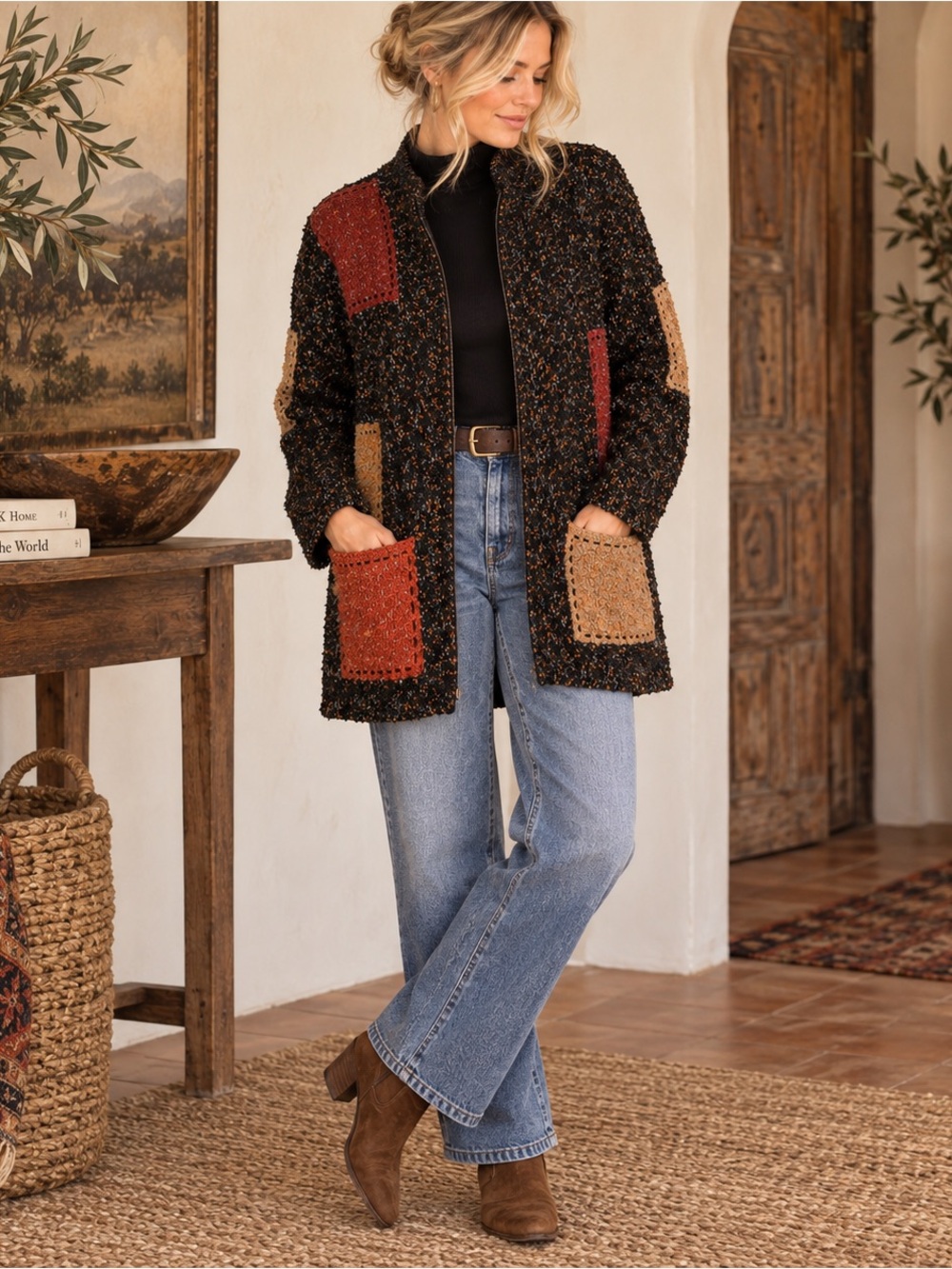 Vintage Chico’s Black Patchwork Zip Cardigan Sweater Size M 90s Artsy Boho Chic